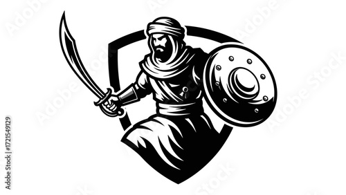 Mascot Illustration Esport Logo Emblem of an Arabian Warrior with Sword and Shield