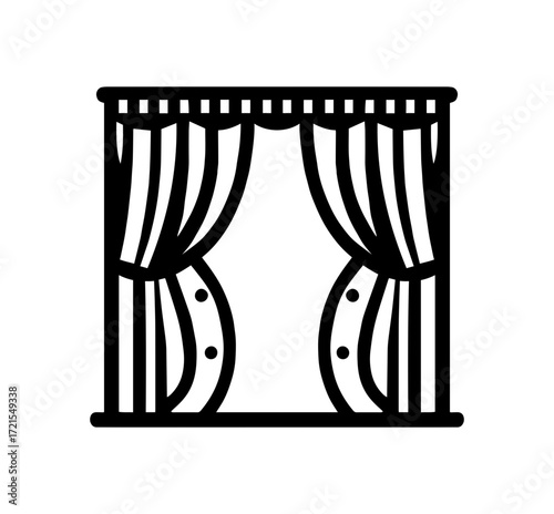 Stylized black outline of open stage curtains with decorative elements, symbolizing performance or reveal