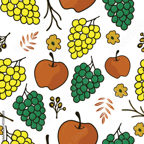 Seamless fruit pattern with apples, grapes, and autumn harvest elements, colorful seasonal design for fabric, packaging, wrapping paper, and invitations.