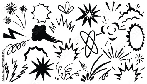 Collection of comic book elements, explosion, star, and line speed cartoon effect. Boom explosive motion line element set. Comic boom burst smoke. Hand drawn sketch doodle action vector illustration