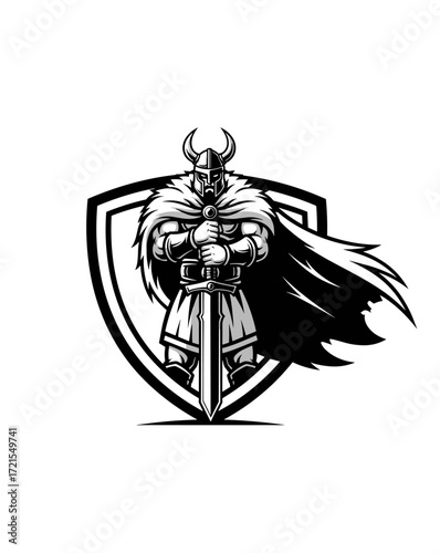 Powerful Viking Warrior with Sword and Shield Mascot Illustration Esport Logo Emblem