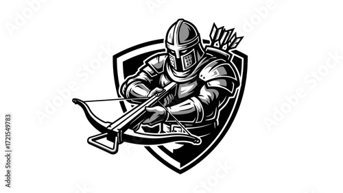 Dynamic Medieval Archer with Crossbow Mascot Illustration Esport Logo Emblem - Armored Warrior Graphic for Gaming Identity