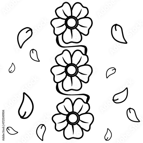 set of flowers, Stylized vector illustration featuring three flowers vertically aligned, each with a circular center and five petals