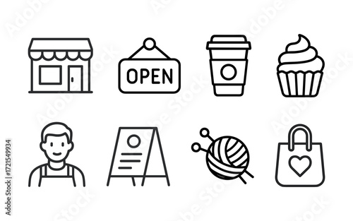 Set of shop and market icons with storefront, coffee cup, bakery display, fruit stand, cash register, mannequin, scissors and yarn. Black outline vector illustrations on white background.