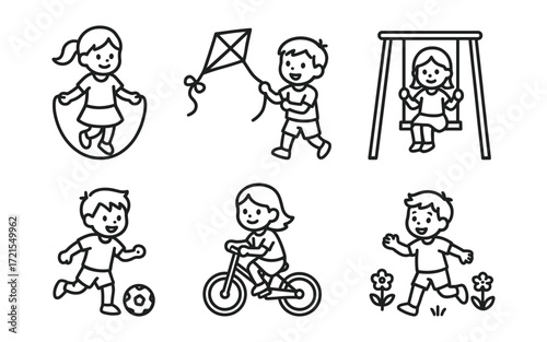 Set of children activity icons with jumping rope, flying kite, swing, playing football, riding bicycle and running. Black outline vector illustrations on white background.