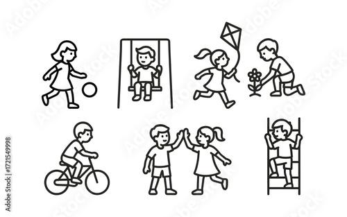 Set of children activity icons with jumping rope, flying kite, swing, playing football, riding bicycle and running. Black outline vector illustrations on white background.