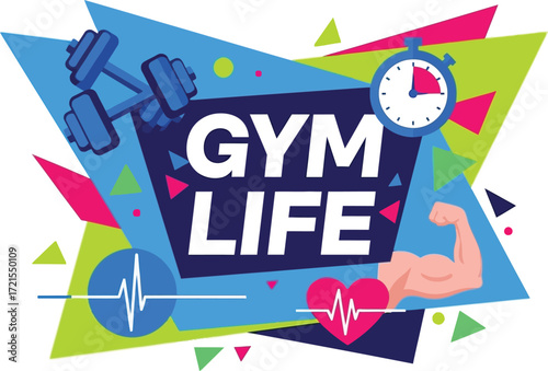 A vibrant gym life graphic with dumbbells, a timer, and a muscular arm illustration design