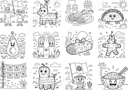 Fun mexican fiesta themed line art illustrations for coloring and design featuring celebration food and elements isolated on white background