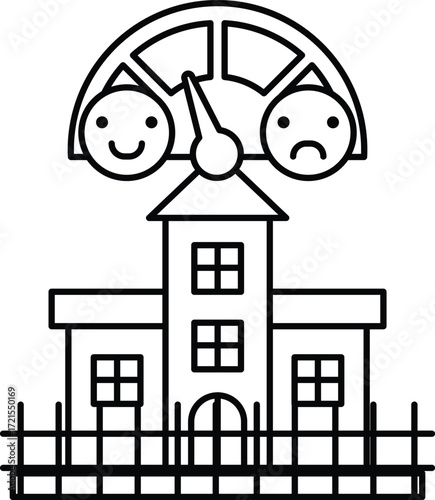 A house with a smiling face and a frowning face on a car speedometer