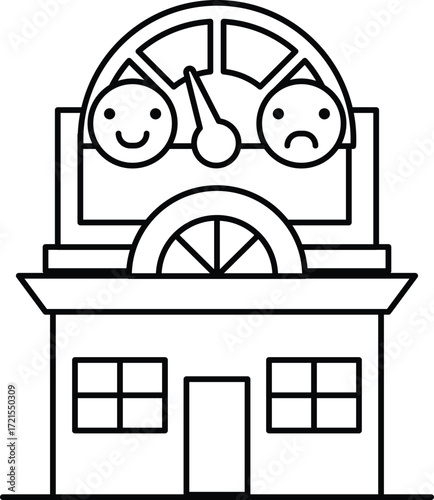 A building with a smiling face and a frowning face on it