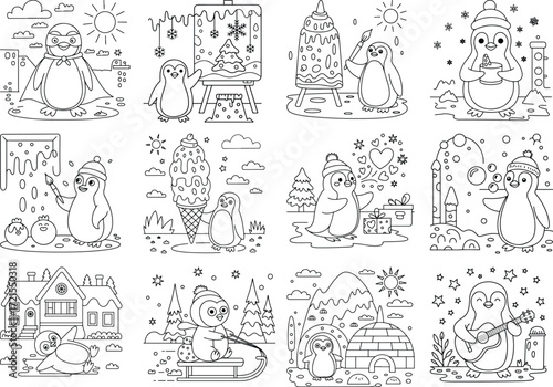 Charming penguin line art illustration for winter and holiday fun perfect for banners and advertisements isolated on white background