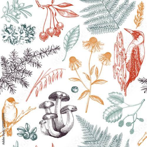 Autumn nature background. Fall leaves seamless pattern. Hand drawn vector illustration. Not AI generated