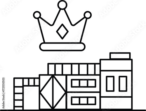 A black and white drawing of a castle with a crown on top
