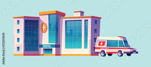 Hospital building and ambulance car vector