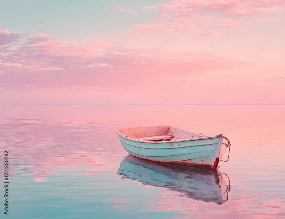 Naklejka premium A weathered, pale-blue rowboat floats serenely on calm, pink-hued water at sunset, its reflection mirrored perfectly