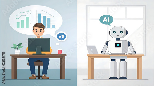Man working on computer with charts versus robot with ai symbol demonstrating technological advancement and future of work