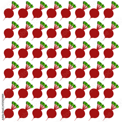 Seamless pattern vector illustration featuring uniform beetroots with deep red roots and green leaves, creating a fresh, healthy, and playful design ideal for food, farm, and nature projects.