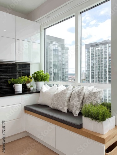 A bright, modern kitchen corner window seat boasts a view of towering city buildings, accented by white cabinetry, a dark countertop, and potted plants.