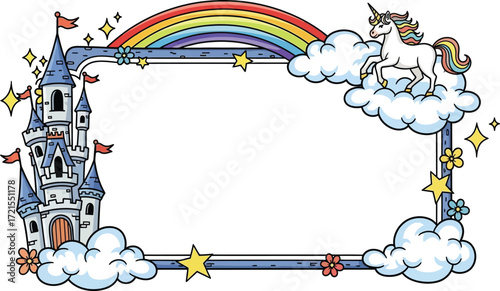Whimsical frame featuring a castle unicorn rainbow clouds stars and flowers for magical designs and projects