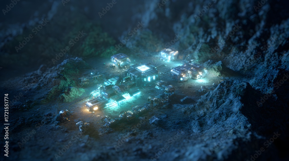 Obraz premium Futuristic alien settlement glowing with blue and green lights on a dark, rocky planet