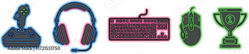 Isolated gaming peripherals including a joystick headset keyboard mouse and a trophy with neon outlines