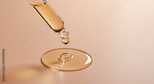 Golden serum dripping from pipette on soft peach backdrop promotes natural beauty and skincare wellness, perfect for cosmetics advertising and spa promotions