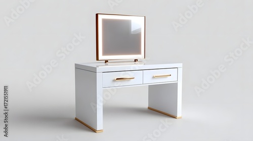 A minimalist, contemporary white wooden dresser with a sleek mirror and two functional drawers, offering a stylish and practical addition to a modern bedroom interior.