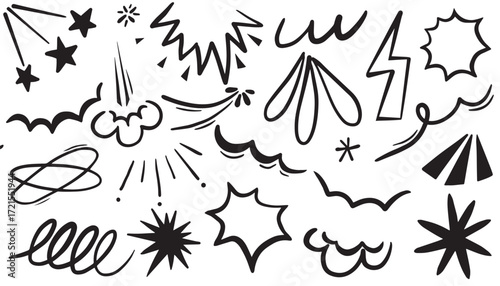 Collection of comic book elements, explosion, star, and line speed cartoon effect. Boom explosive motion line element set. Comic boom burst smoke. Hand drawn sketch doodle action vector illustration