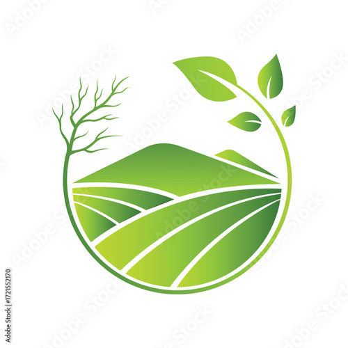 Green Agriculture Plant Logo Vector with Leaf and Field Illustration for Farm Logo Branding Isolated on White Background