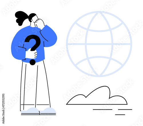 Individual holding large question mark, contemplating global issues or decisions. Includes abstract globe and cloud. Ideal for problem-solving, decision-making, curiosity, education, global