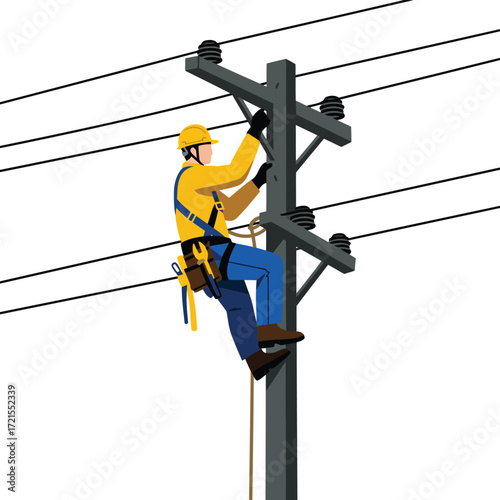 An electrician in safety gear working on a utility pole, repairing power lines.