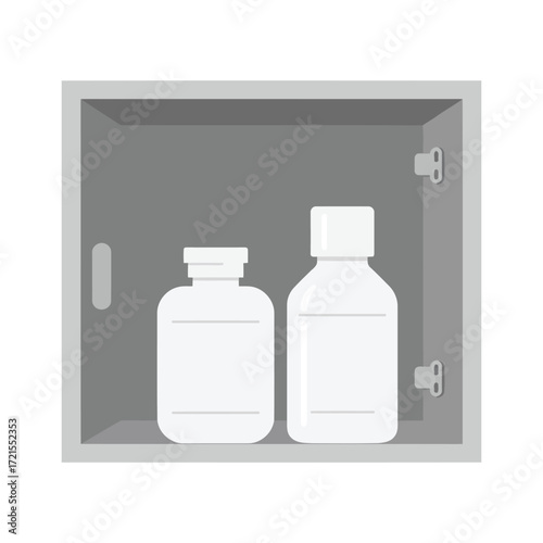 Two white medicine bottles are neatly placed inside a gray medicine cabinet with the door slightly ajar.
