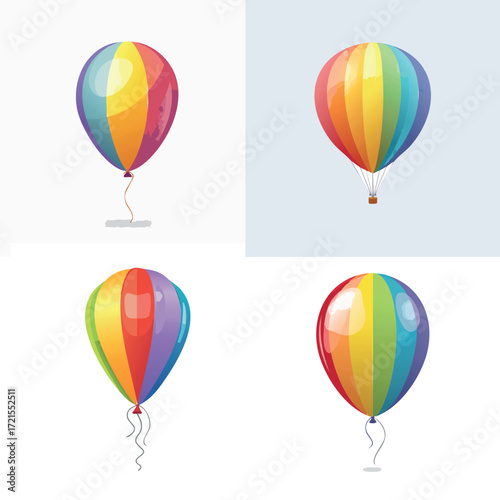 A festive and colorful celebration with a set of flying hot air balloons and helium balloons in red, orange, yellow, and green