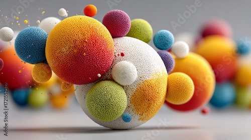 Colorful textured spheres arranged in a cluster with vibrant hues and varied sizes, creating a dynamic abstract composition.
