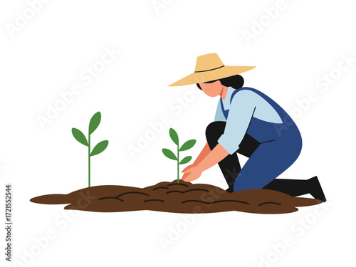 Illustration of a farmer planting seedlings in the ground.