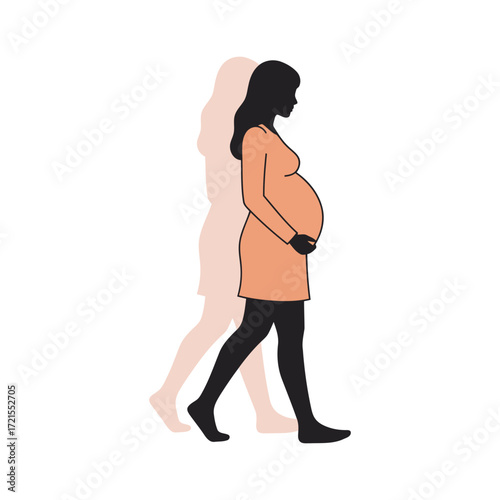 Silhouette of a pregnant woman walking, with a faded outline of her movement, representing pregnancy.