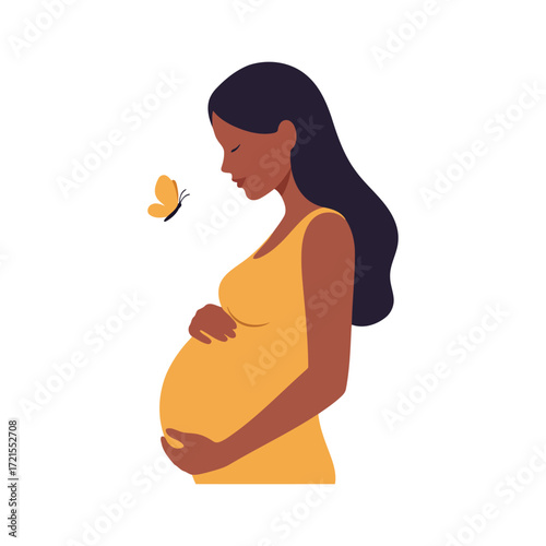 Illustration of a pregnant woman in a yellow dress with a butterfly.