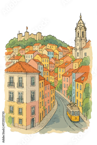 A watercolor sketch or illustration depicting an urban view of Lisbon's architecture in Portugal