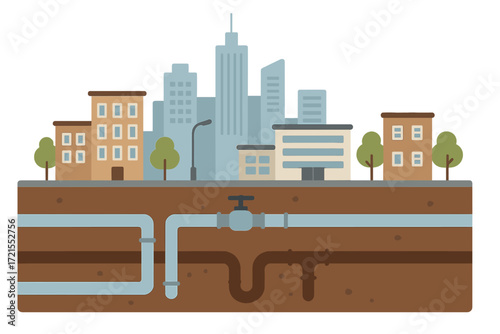Level city infrastructure featuring skyline and subterranean pipelines