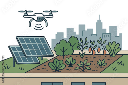 A drone observes an urban rooftop farm equipped with solar panels