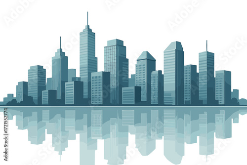 Contemporary city skyline mirrored in water, showcasing urban architecture and development with towering buildings set against a clear sky