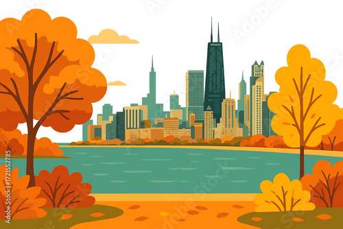 Autumn in Chicago: a view of the Cook County waterfront adorned with fall leaves in the Midwest city