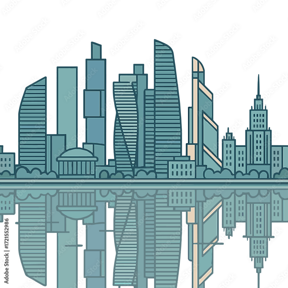 Obraz premium Moscow's futuristic skyline along the riverfront, showcasing skyscrapers and urban development, reflected in a modern cityscape
