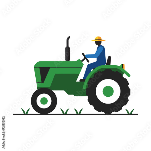 A farmer driving a green tractor across a field, illustrating agricultural work and farming.
