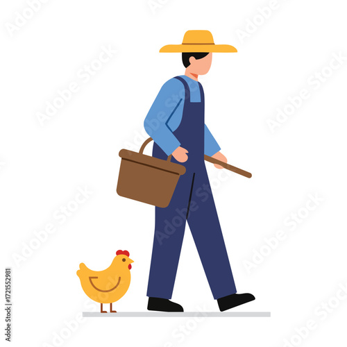 A farmer in a hat and overalls walks with a basket and a stick, followed by a small yellow chicken, depicted in a flat vector illustration style.
