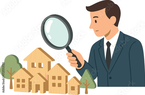 A man examines wooden houses and trees with a magnifying glass, assessing real‑estate value, selecting sites for new construction, and evaluating urban and residential planning