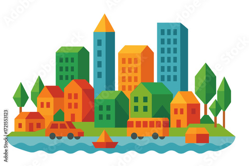 A vibrant low-poly cityscape featuring buildings, trees, and vehicles, situated on water