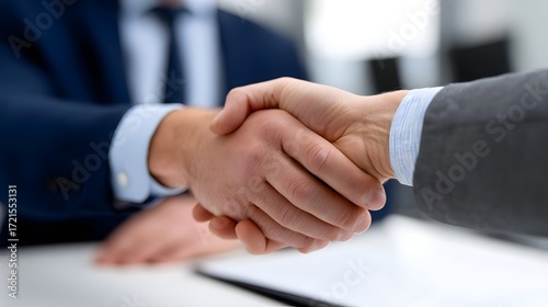 Two businessmen in suits shaking hands to finalize a deal or establish a new professional partnership, symbolizing trust, coope n, and future growth opportunities.