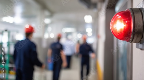 Red emergency signal light glows in factory hallway as workers in safety helmets walk in background, indicating evacuation path. scene conveys urgency and safety protocols