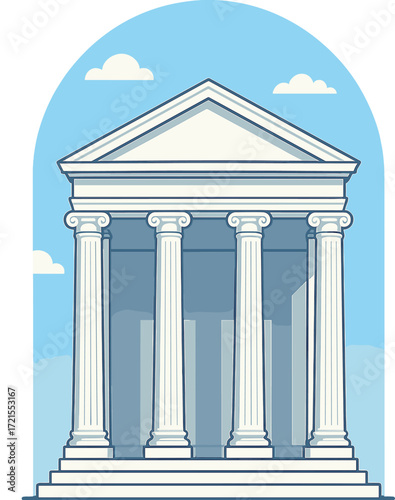 Neoclassical architecture featuring white columns against a blue sky backdrop